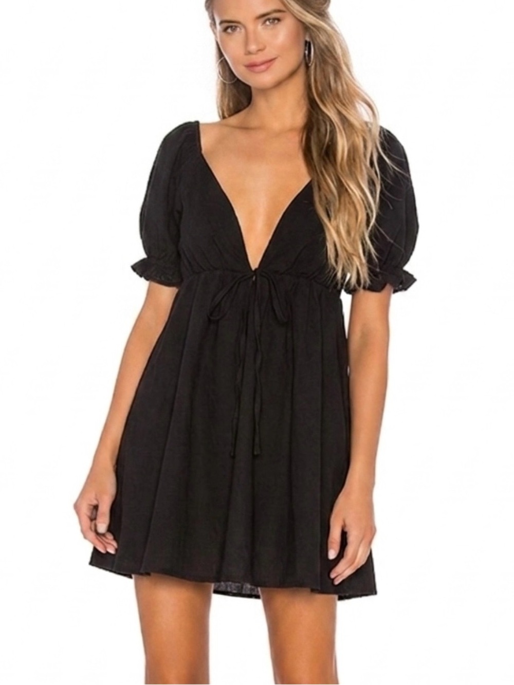 Princess Polly Black Babydoll Puff Sleeve Swing Dress Size 8 Plunge Neck A-Line
